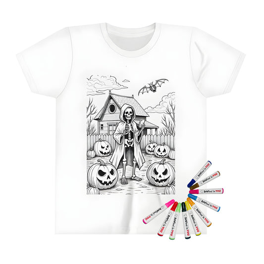 Kid's t-shirt featuring a fun and spooky skeleton character design