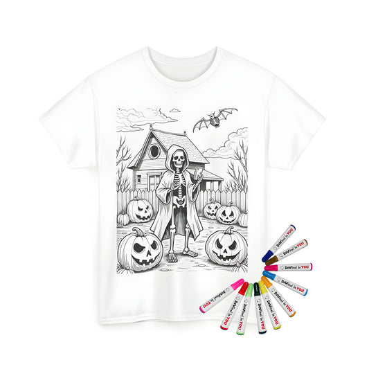 Unisex t-shirt with unique skeleton design featuring a hooded cloak and jack-o'-lanterns