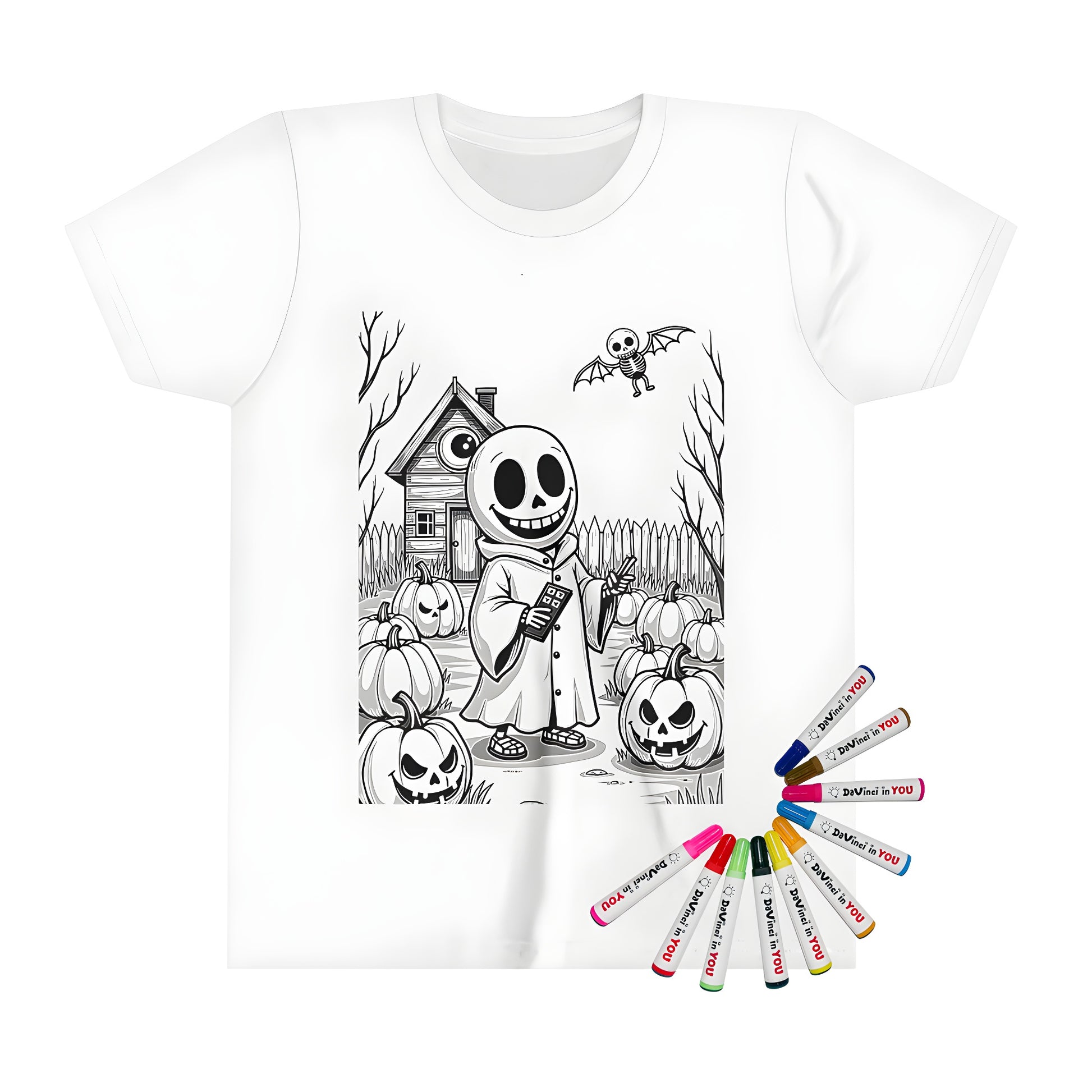 Spooky cartoon character kid's t-shirt with creepy house, pumpkins and skeleton bat design