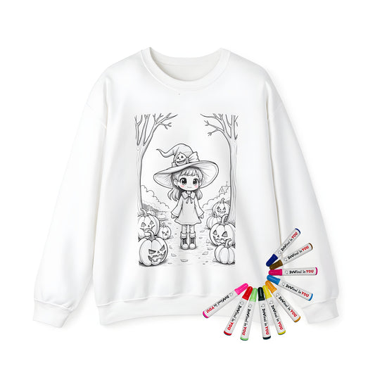 Adult Halloween sweatshirt coloring kit with cute witch girl design, spooky forest, smiling pumpkins and fabric markers