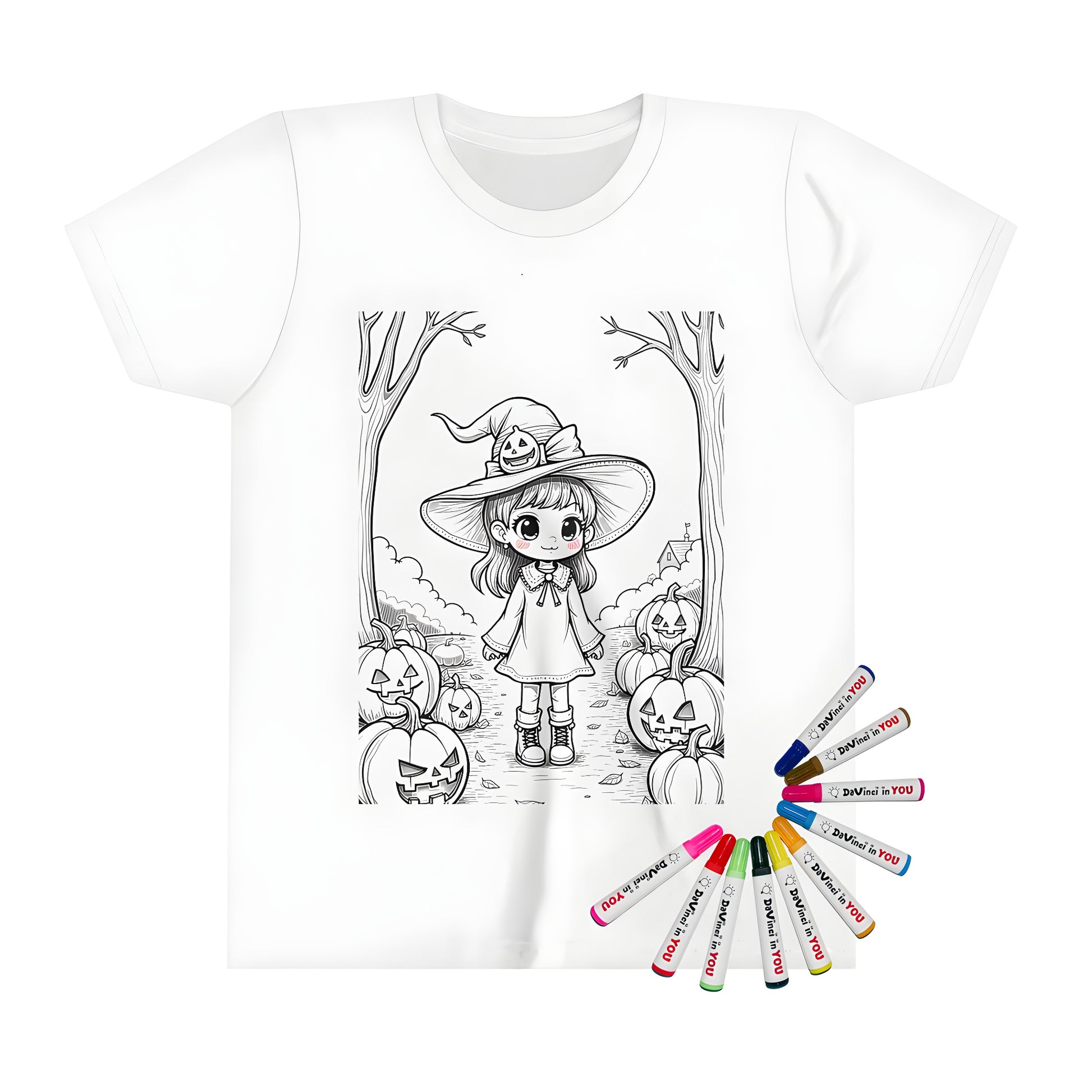 Cute kid's t-shirt featuring a colorful Halloween girl illustration in a forest setting with smiling pumpkins, witch hat, and dress. Perfect for fall costumes or trick-or-treat outfits! Synonyms: Trickster Girl, Witches' Apprentice, Little Witch