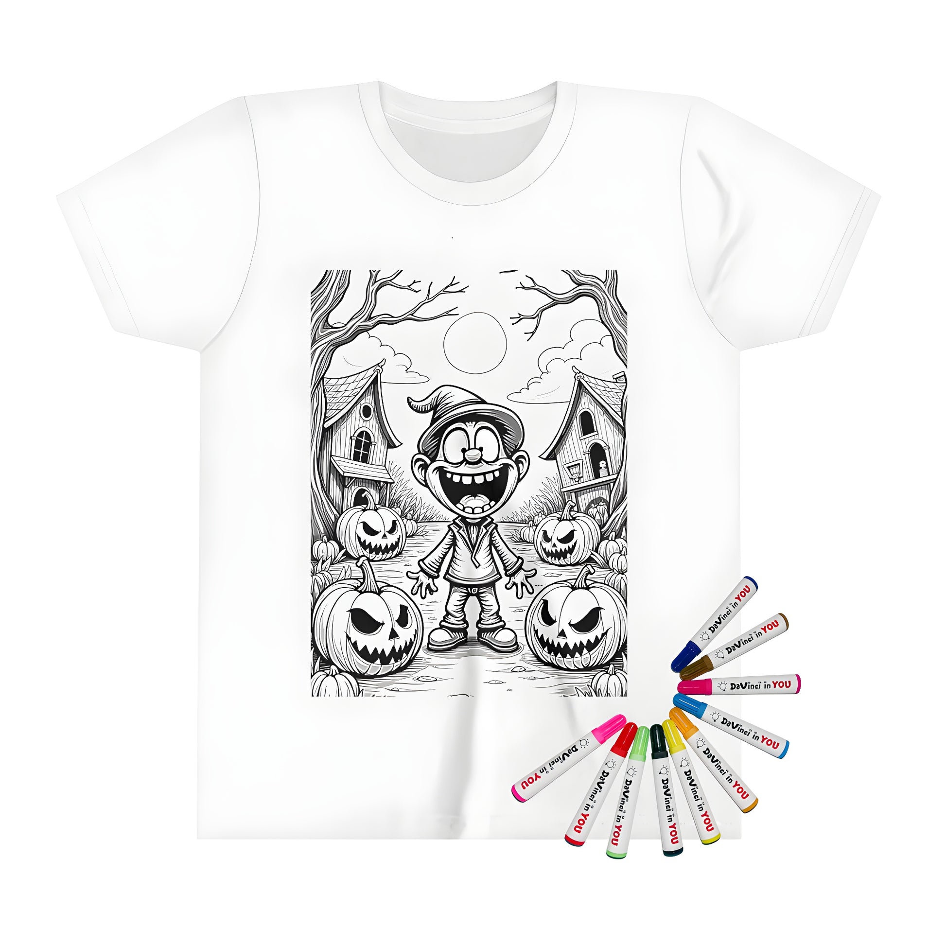 Kid's t-shirt featuring a fun Halloween design with cartoon pumpkins, gourds, and fall foliage