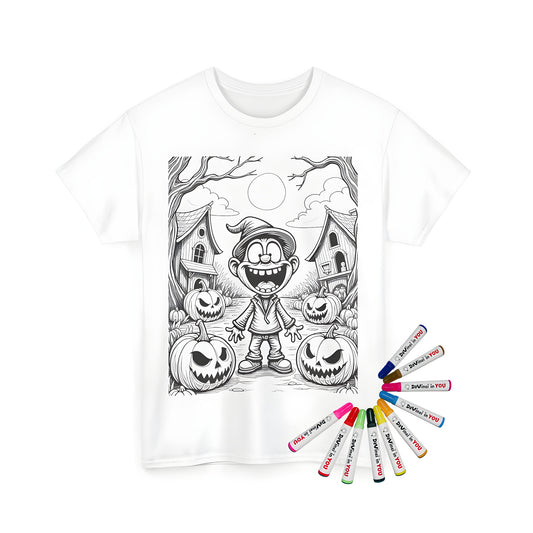 Coloring kit for unisex t-shirts with vibrant fabric markers featuring a happy child surrounded by Halloween decorations like gourds, jack-o-lanterns, and haunted houses.