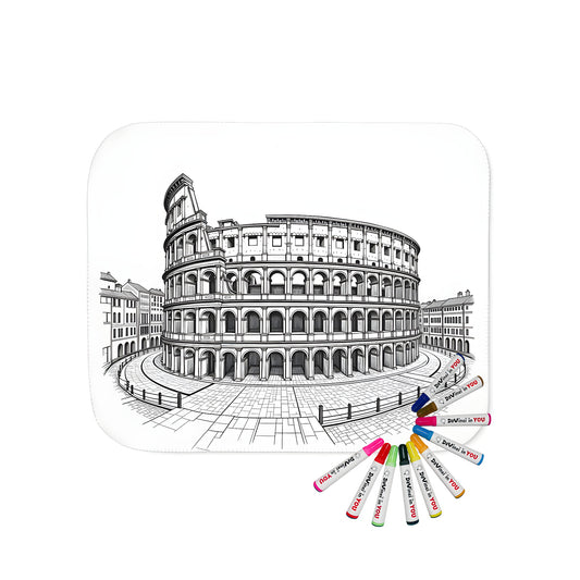 Colorful blanket featuring a detailed line drawing of the Colosseum and ancient Roman architecture