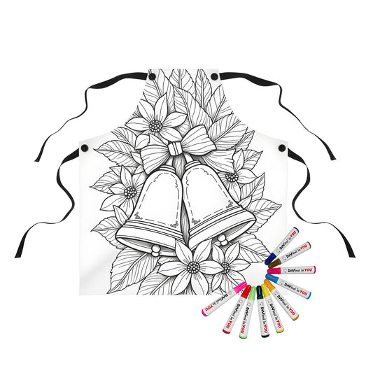 Apron with Festive Bells design, colorful flowers, leaves, and Christmas bells