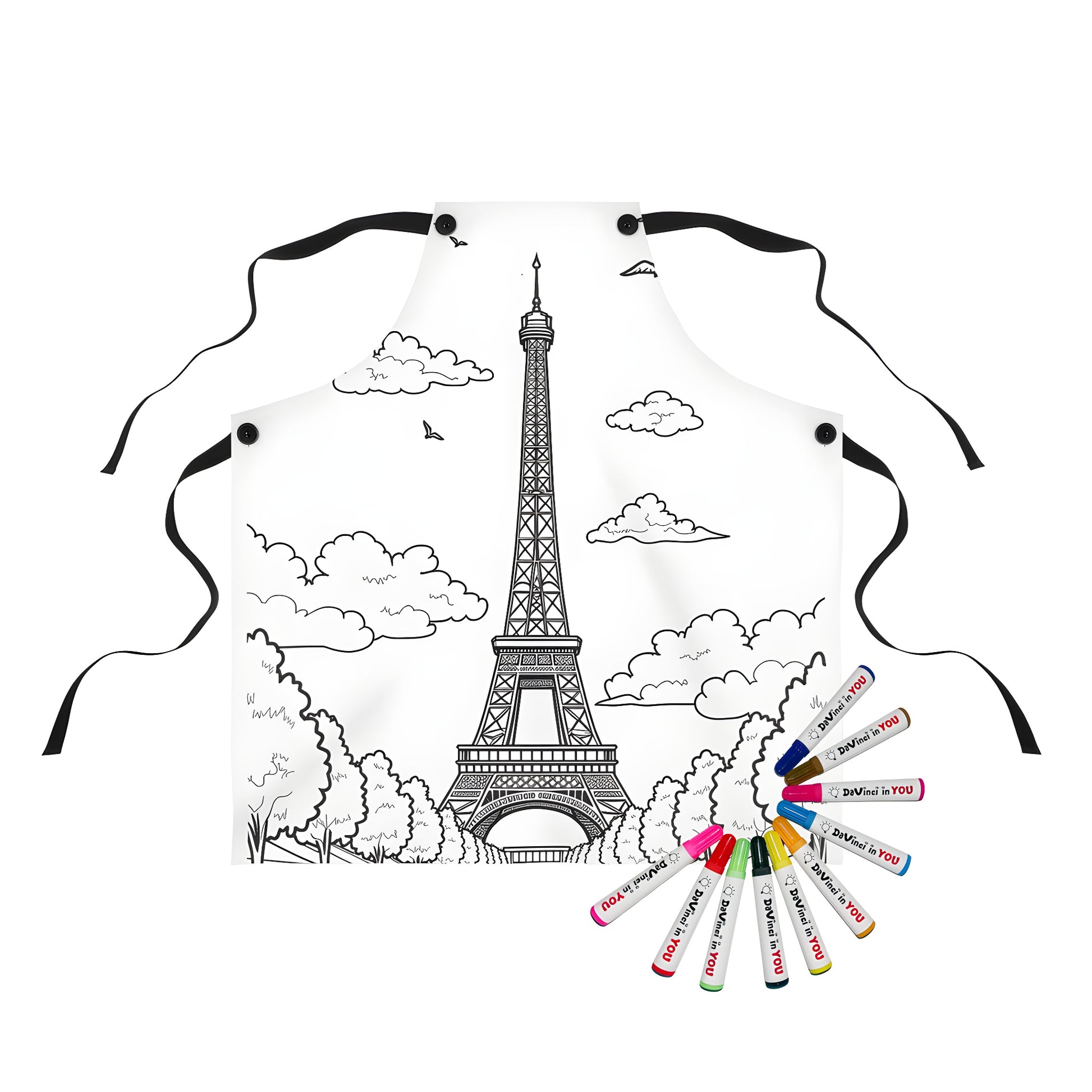 Coloring apron featuring an iconic Paris landmark illustration, with clouds and trees. Includes fabric markers for creative coloring.