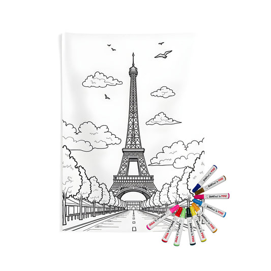 Coloring kit for indoor wall tapestries featuring an illustration of the Parisian landmark, Eiffel Tower replica, iron tower, and French monument surrounded by serene clouds and lush green trees