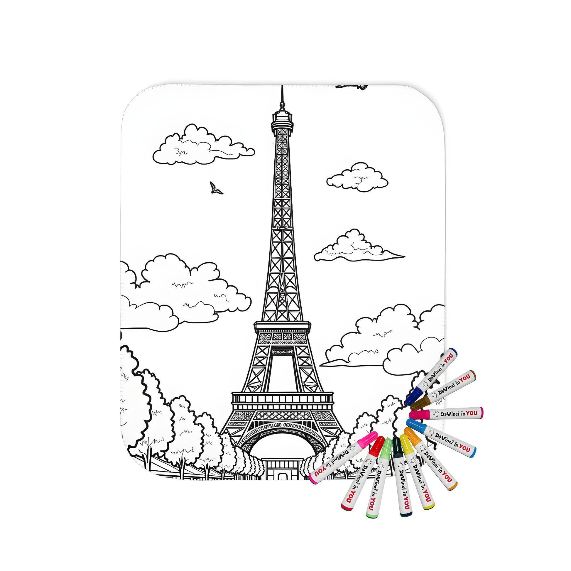 Colorful blanket featuring an Eiffel Tower inspired design, surrounded by serene clouds and lush green trees