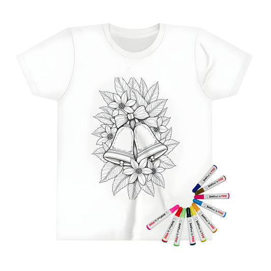 Kid's t-shirt with vibrant bell coloring page design, featuring detailed flowers and leaves in Christmas colors