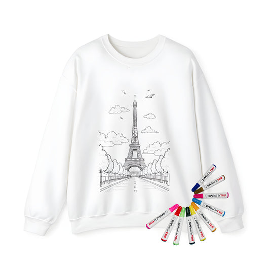 Adult sweatshirt featuring a black and white illustration of the Paris landmark, Eiffel Tower, surrounded by serene clouds and trees