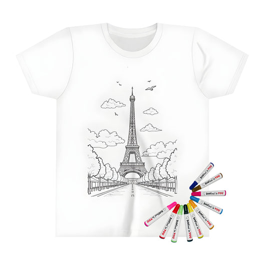 Coloring page of Paris landmark on a kid's t-shirt, Parisian cityscape with Eiffel Tower replica, city of love and lights illustration