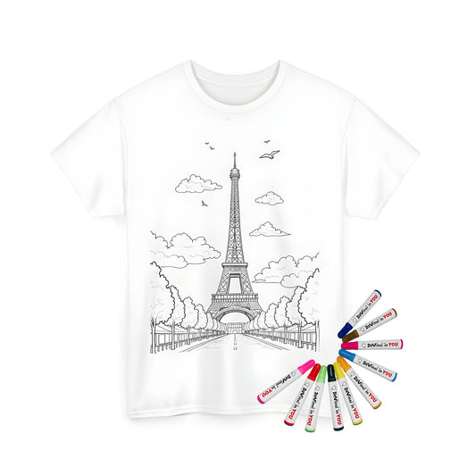 Coloring page art of the Paris landmark with clouds and trees on a unisex t-shirt