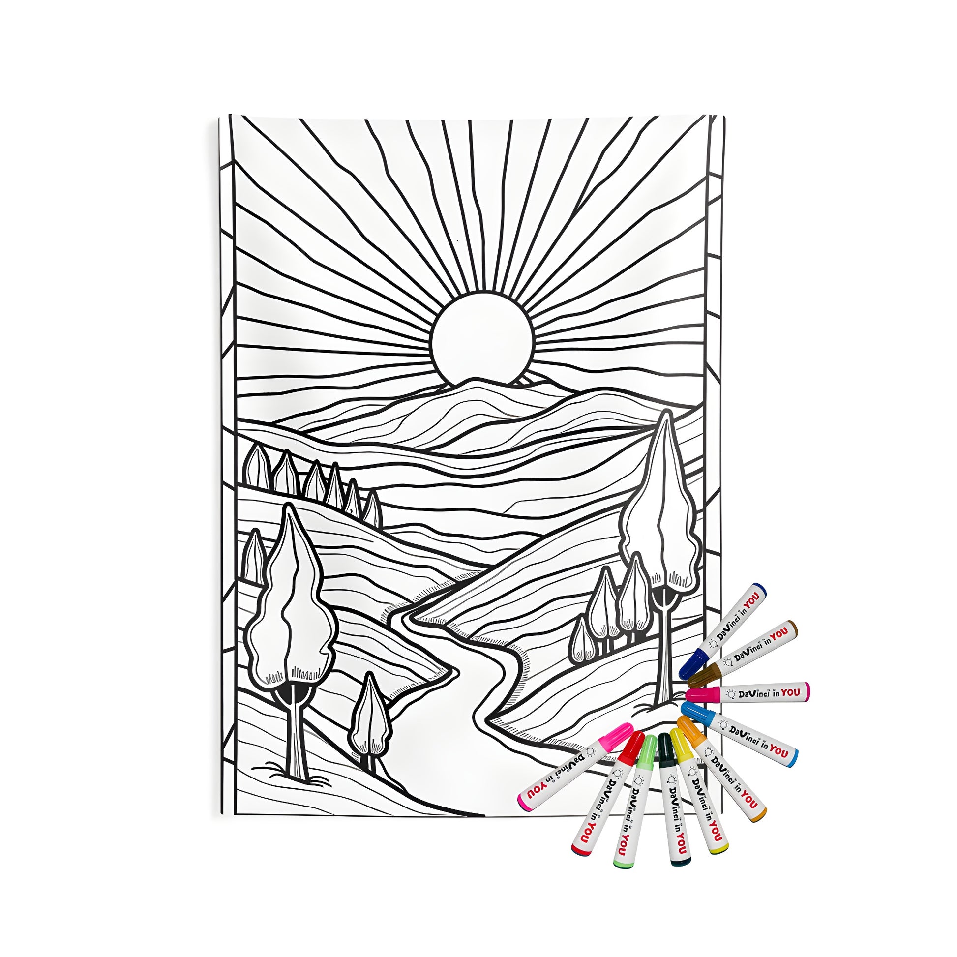 Indoor wall tapestries with colorful sunset design, featuring rolling hills, trees, and river - perfect for home decor