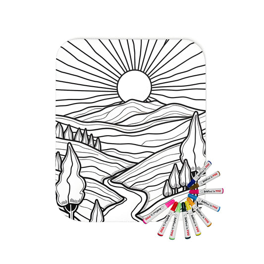 A cozy blanket with a vibrant coloring page design of a serene landscape, featuring a beautiful golden horizon, soft rolling hills, and peaceful trees, all beautifully framed by a delicate border. Part of a Blanket Coloring Kit with 10 fabric markers.