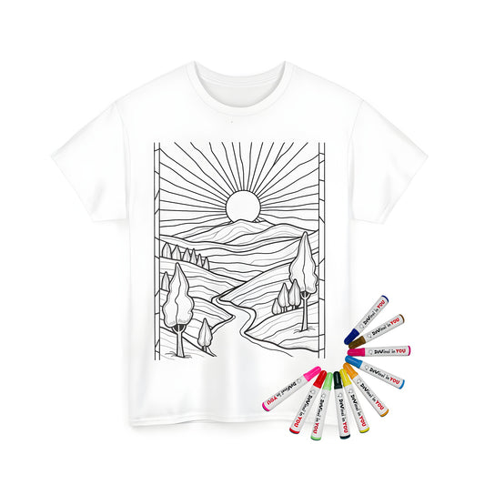 Coloring kit with unisex t-shirt featuring a serene sunset scene over rolling hills with trees and river