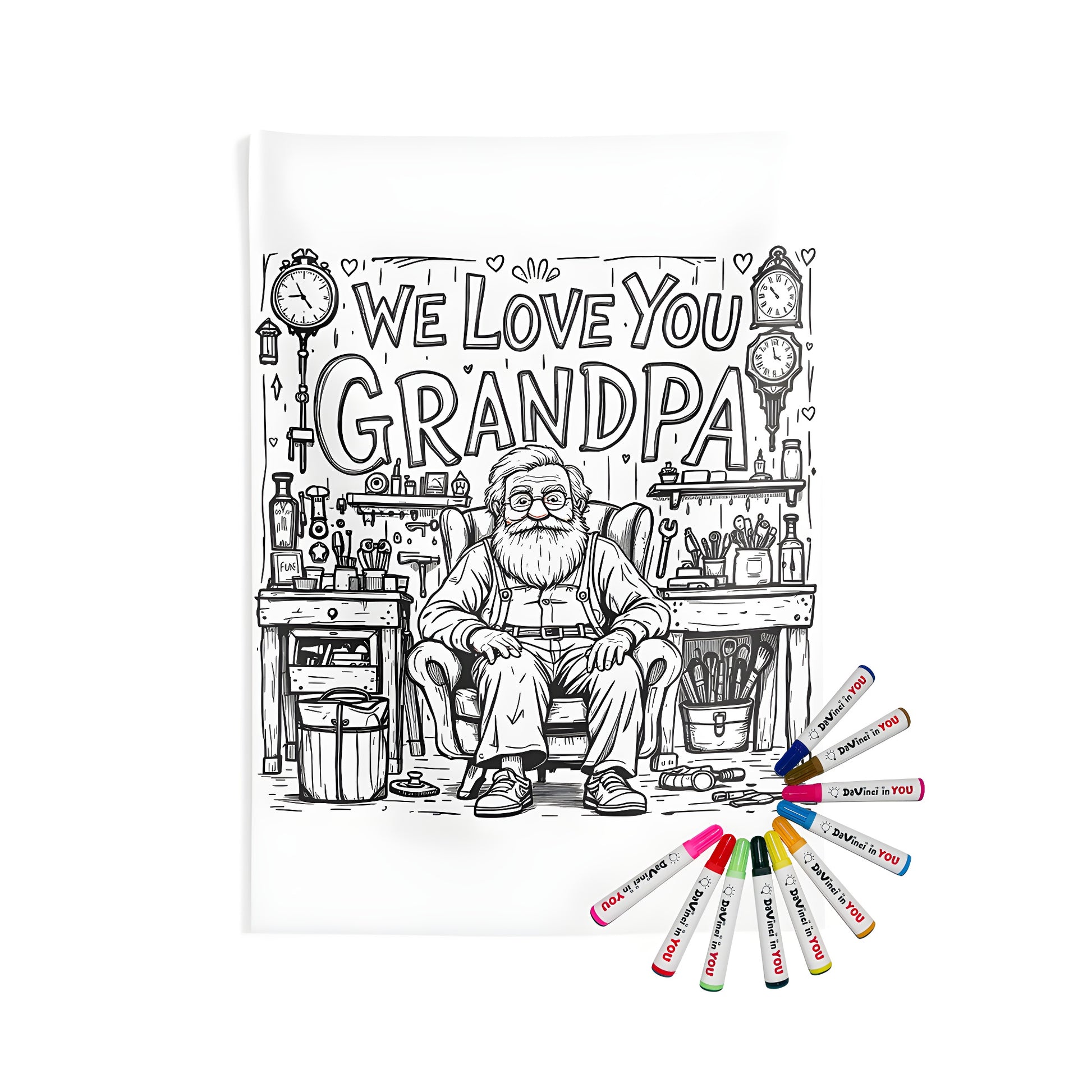 Indoor wall tapestry featuring a workshop setting with a loving grandfather design, perfect for any occasion. Includes coloring kit and fabric markers.