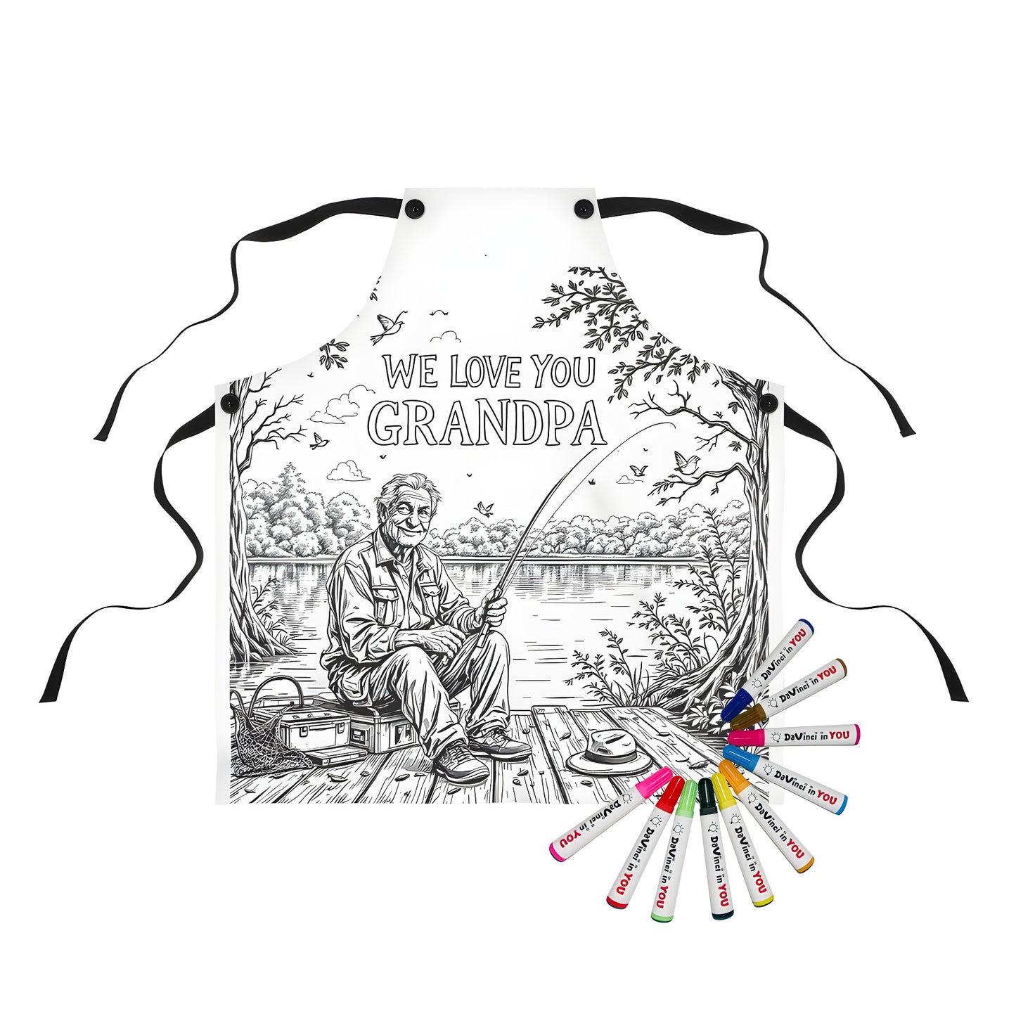 Vintage Elderly Man Fishing Coloring Page Design Apron
