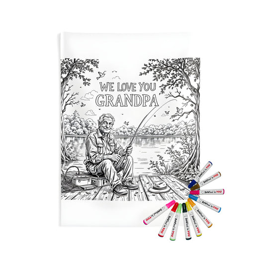 Vintage man fishing on dock wall tapestry, grandfather figure coloring kit