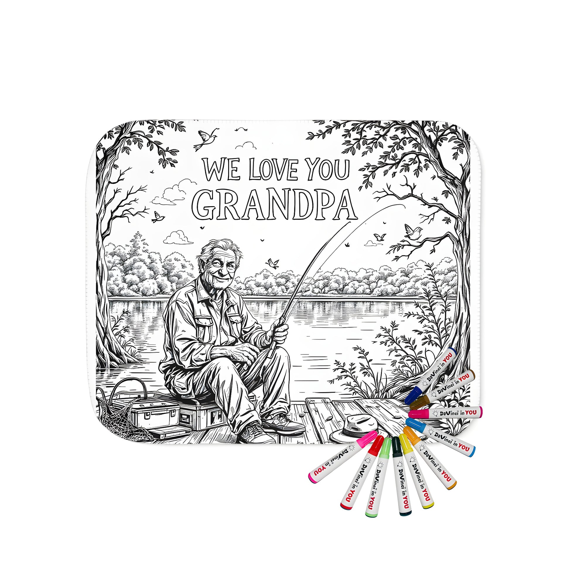 Cozy grandfather-style blanket with a vintage coloring page design of an elderly man fishing on a peaceful dock surrounded by trees and birds