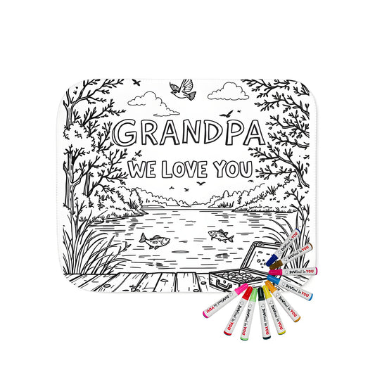 Cozy blanket with a colorful tranquil lake scene design featuring trees, birds, fish, and the phrase 'GRANDPA WE LOVE YOU' embroidered on it. Perfect for snuggling up with family memories, Dads, Papas, Pops, or Grandpas