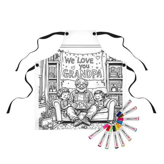 Colorful apron featuring a grandparent and grandchildren scene with fabric markers