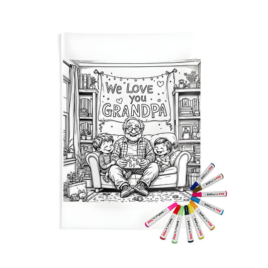 Colorful Indoor Wall Tapestry of a granddad and two kids enjoying quality time together under a heartwarming banner