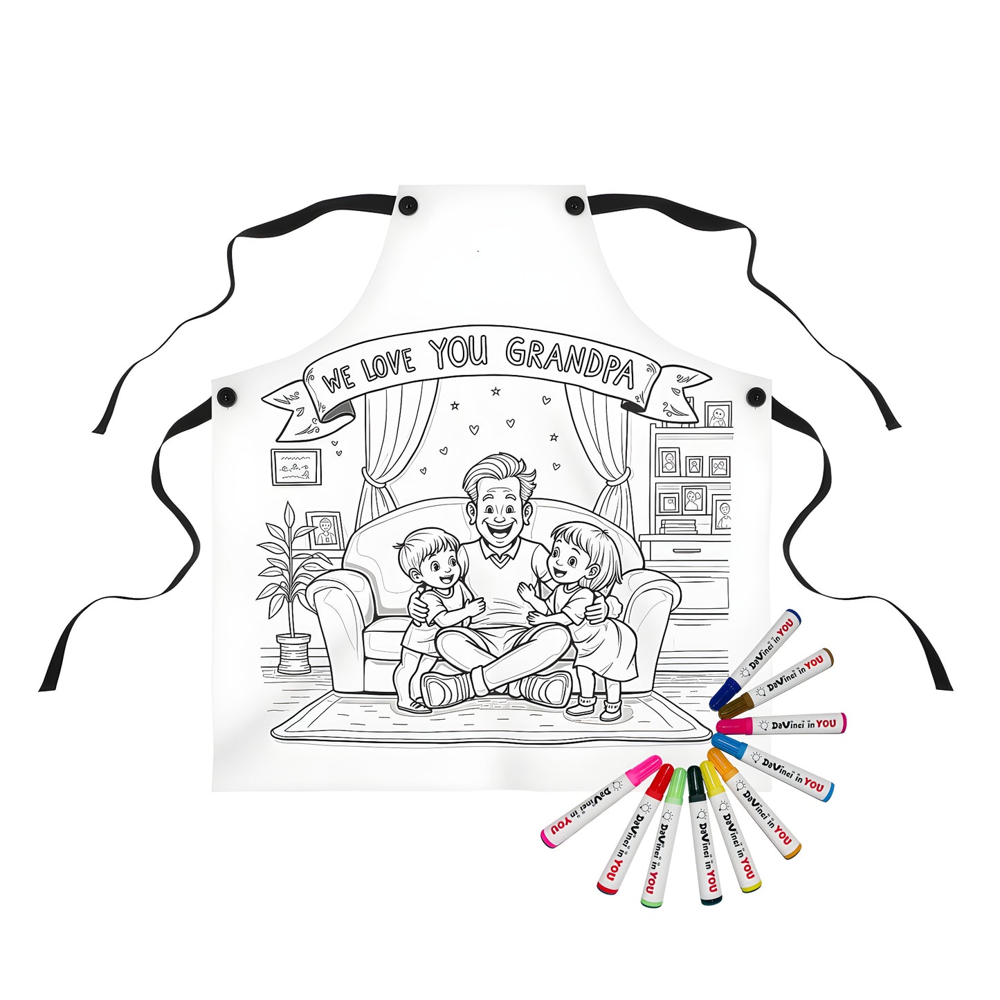 Cozy moment with grandad and kids coloring apron