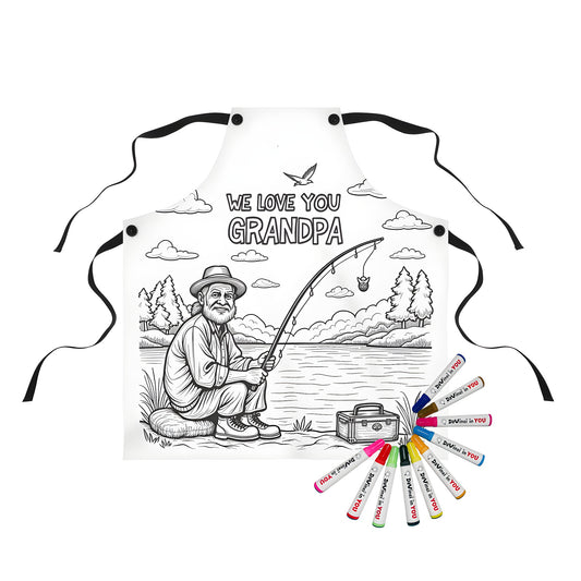 Colorful apron featuring a whimsical grandad fishing scene