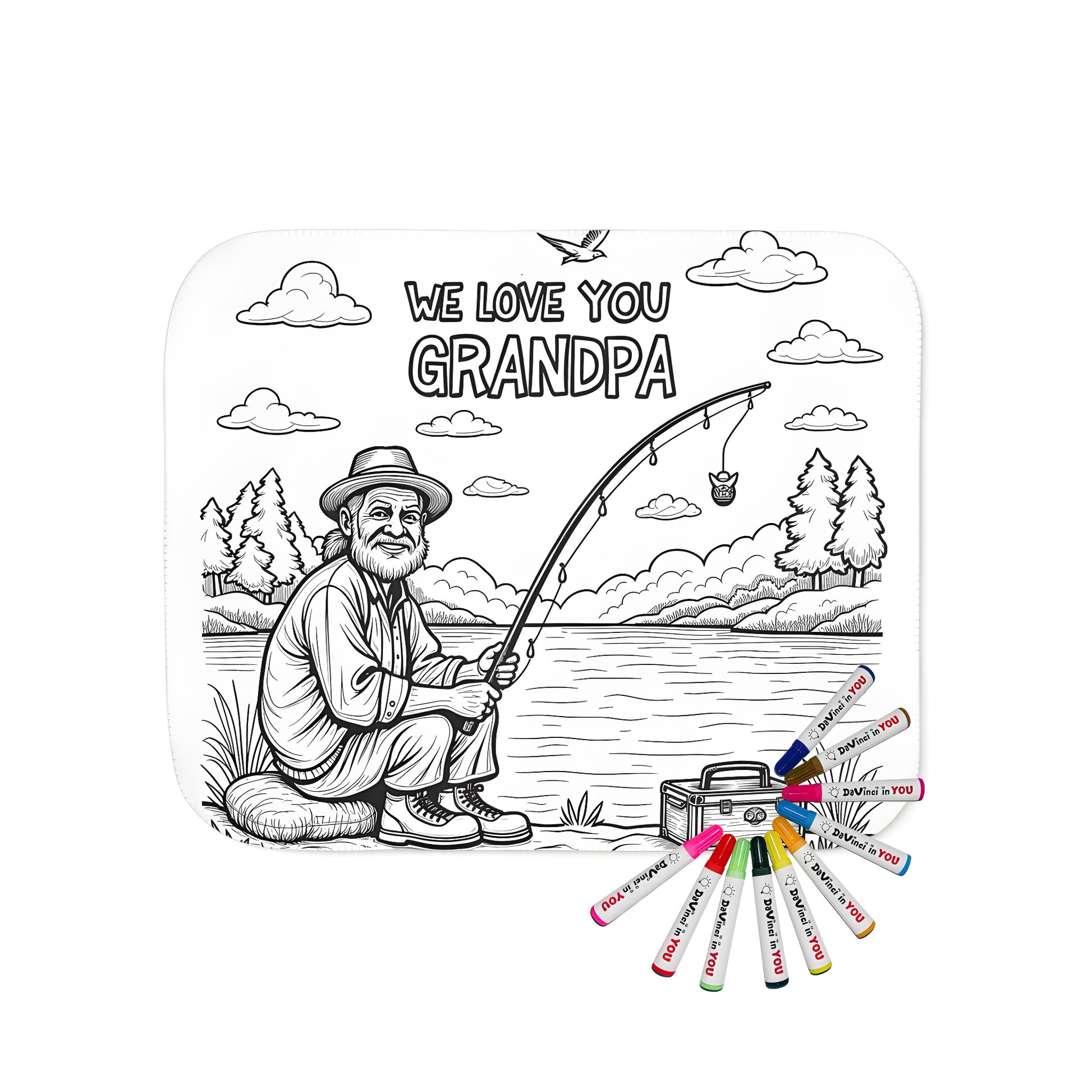 Cozy blanket designed like a vintage coloring page of a grandfatherly figure peacefully fishing by a serene lake, surrounded by lush trees and fluffy clouds