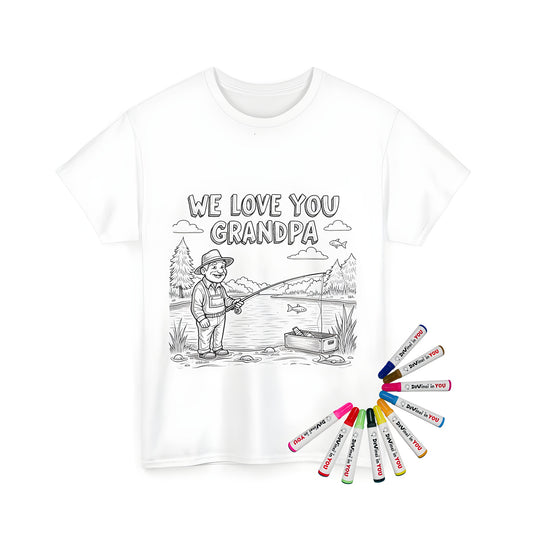 Vintage father, grandfather, papa graphic t-shirt for men and women with coloring page design of fishing by serene lake