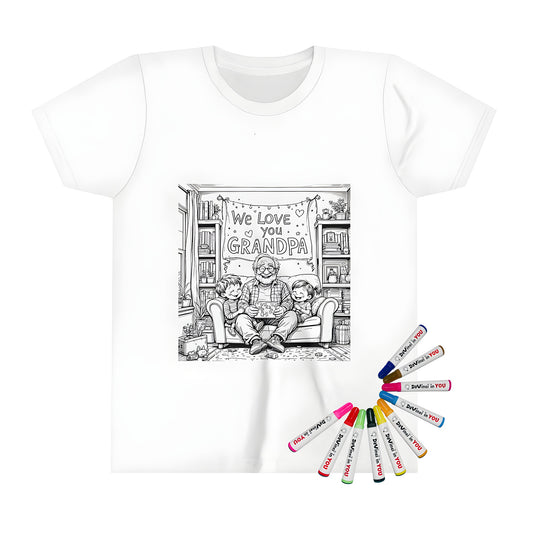 Kid's t-shirt coloring kit image featuring a grandparent and kids on a couch, colorful fabric markers