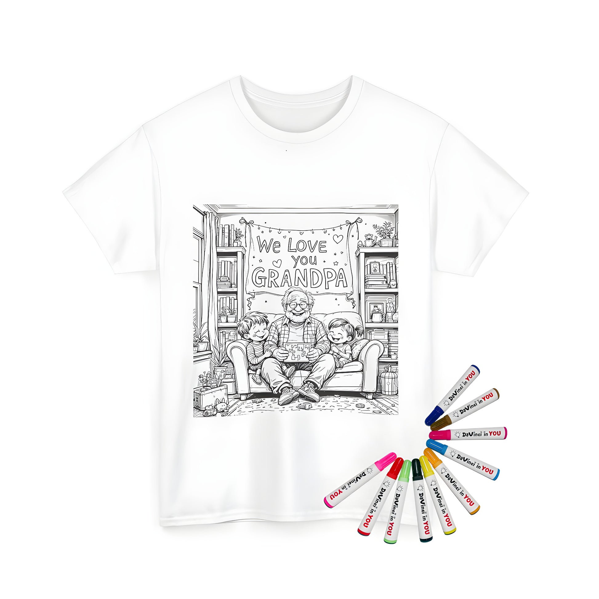 Unisex t-shirt with colorful grandpa and kids illustration, fun family bonding activity for adults and children