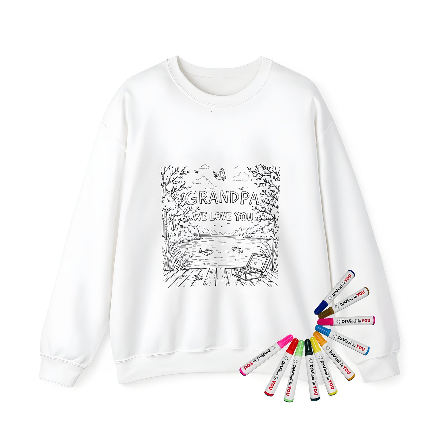 A tranquil lake scene adult sweatshirt design for dad, grandfather, or pop, featuring 'GRANDPA WE LOVE YOU' and a fishing tackle box with trees, birds, and fish
