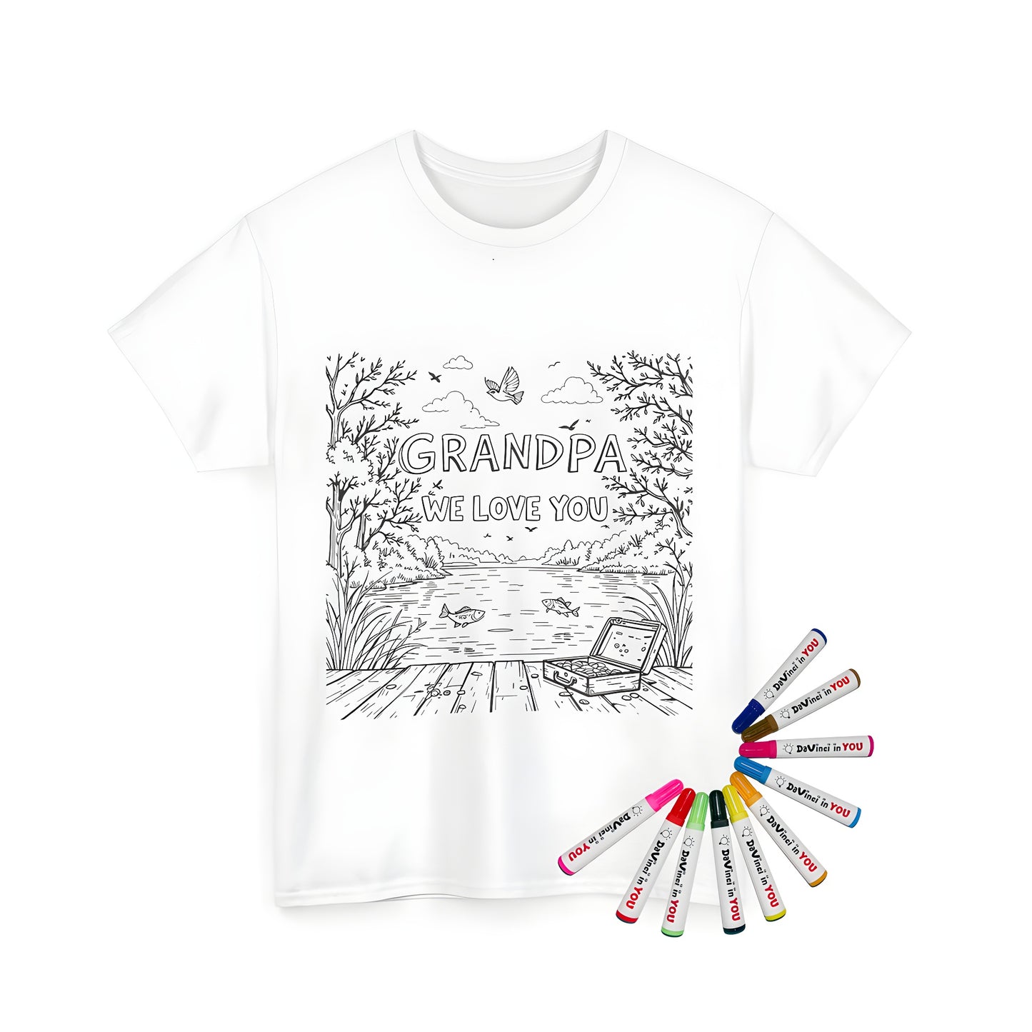 Grandfather themed coloring page t-shirt for kids, featuring a tranquil lake scene with trees, birds, and fish, with 'GRANDPA WE LOVE YOU' text and a fishing tackle box. Perfect gift idea for father's day or birthday