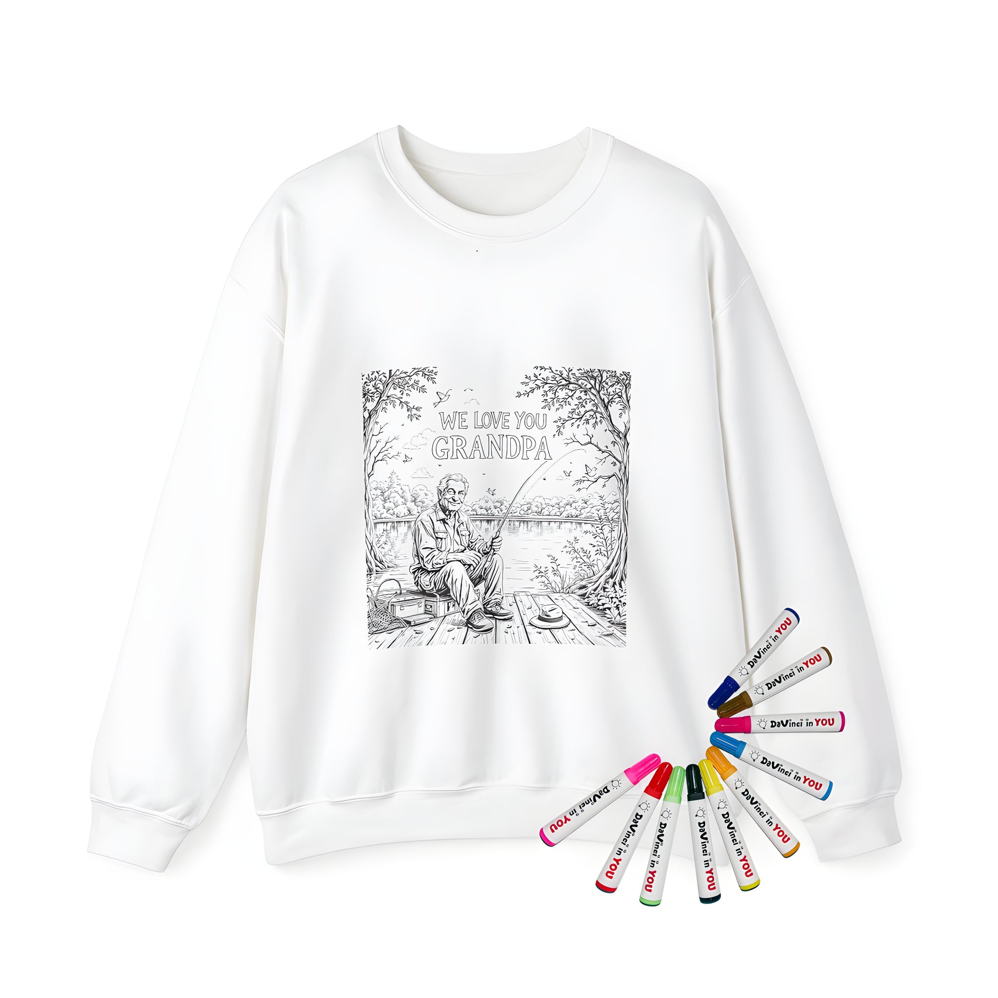Adult sweatshirt with vintage grandfatherly design featuring an elderly man fishing on a peaceful dock surrounded by nature and wildlife