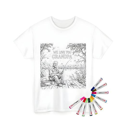 Unisex grandfather-themed t-shirt featuring an elderly man fishing on a peaceful dock surrounded by nature