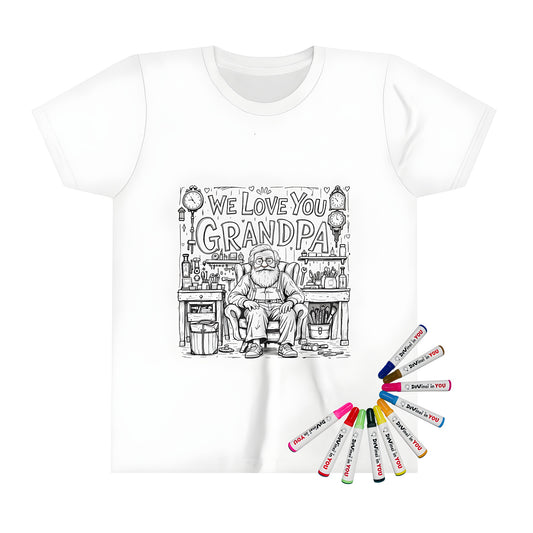 Coloring kit with grandfather themed kid's t-shirt and 10 fabric markers for creative expression