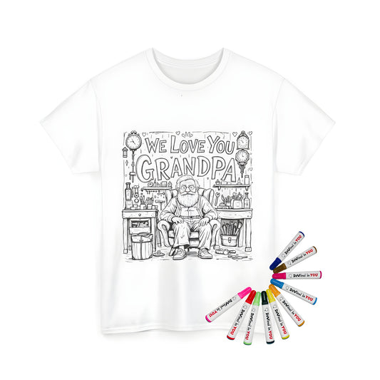 Detailed illustration of a workshop setting featuring 'We Love You Grandpa' above an elderly man, on a unisex t-shirt