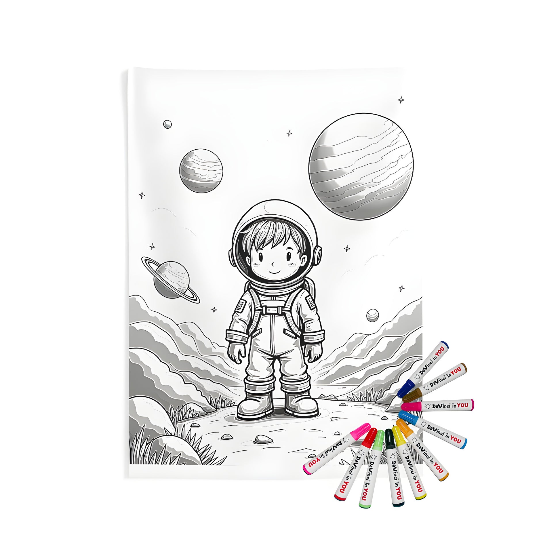 Young space traveler standing on an alien landscape with stars and planets