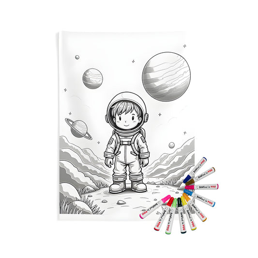 Young space traveler standing on an alien landscape with stars and planets