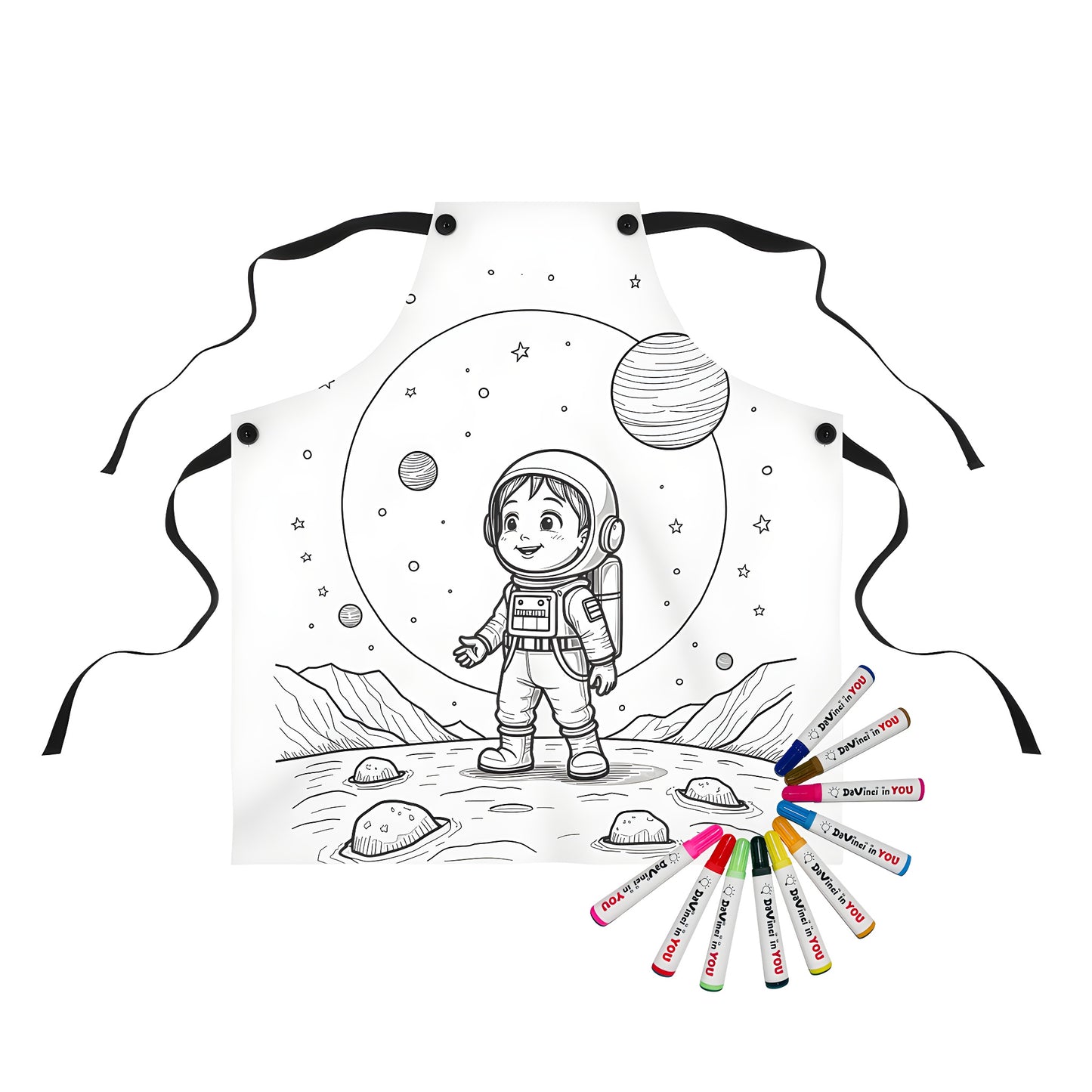 Coloring apron with astronaut costume design featuring child on lunar surface