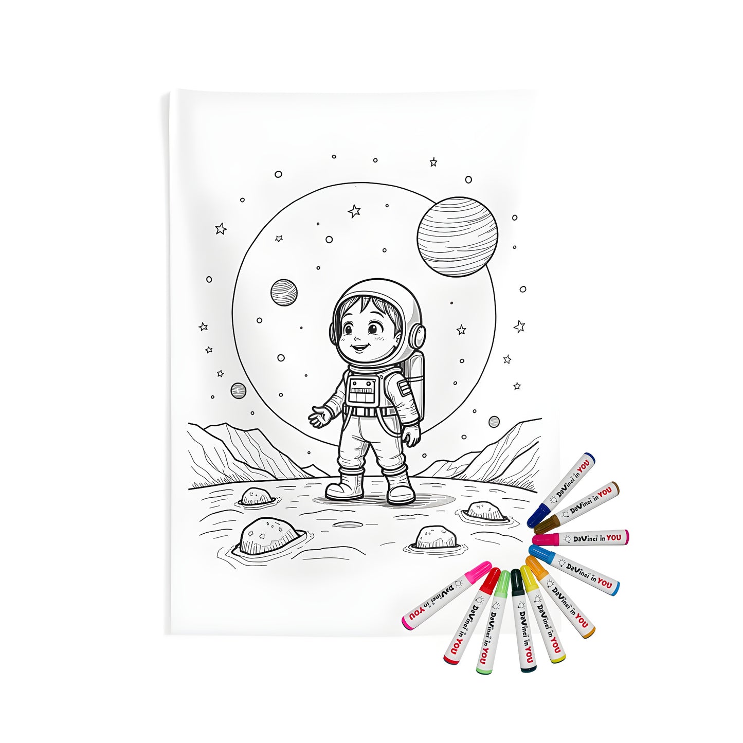 Child astronaut standing on a lunar surface with a starry sky and planets backdrop