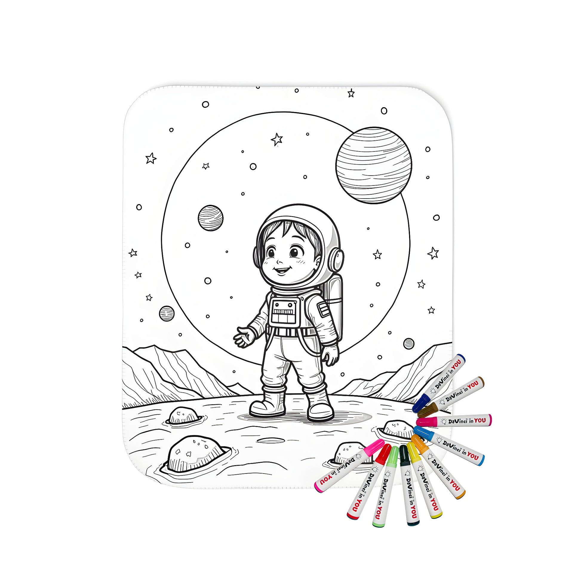 Blanket with astronaut theme and galaxy colors