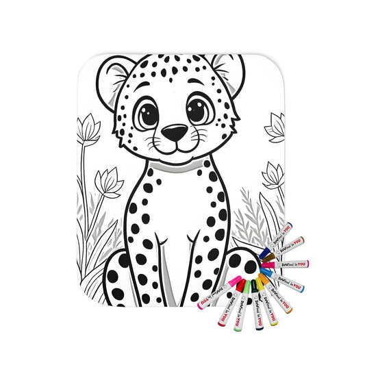 Cute baby cheetah plush blanket with colorful fabric markers for kids, cozy home decor, fun and playful wall art