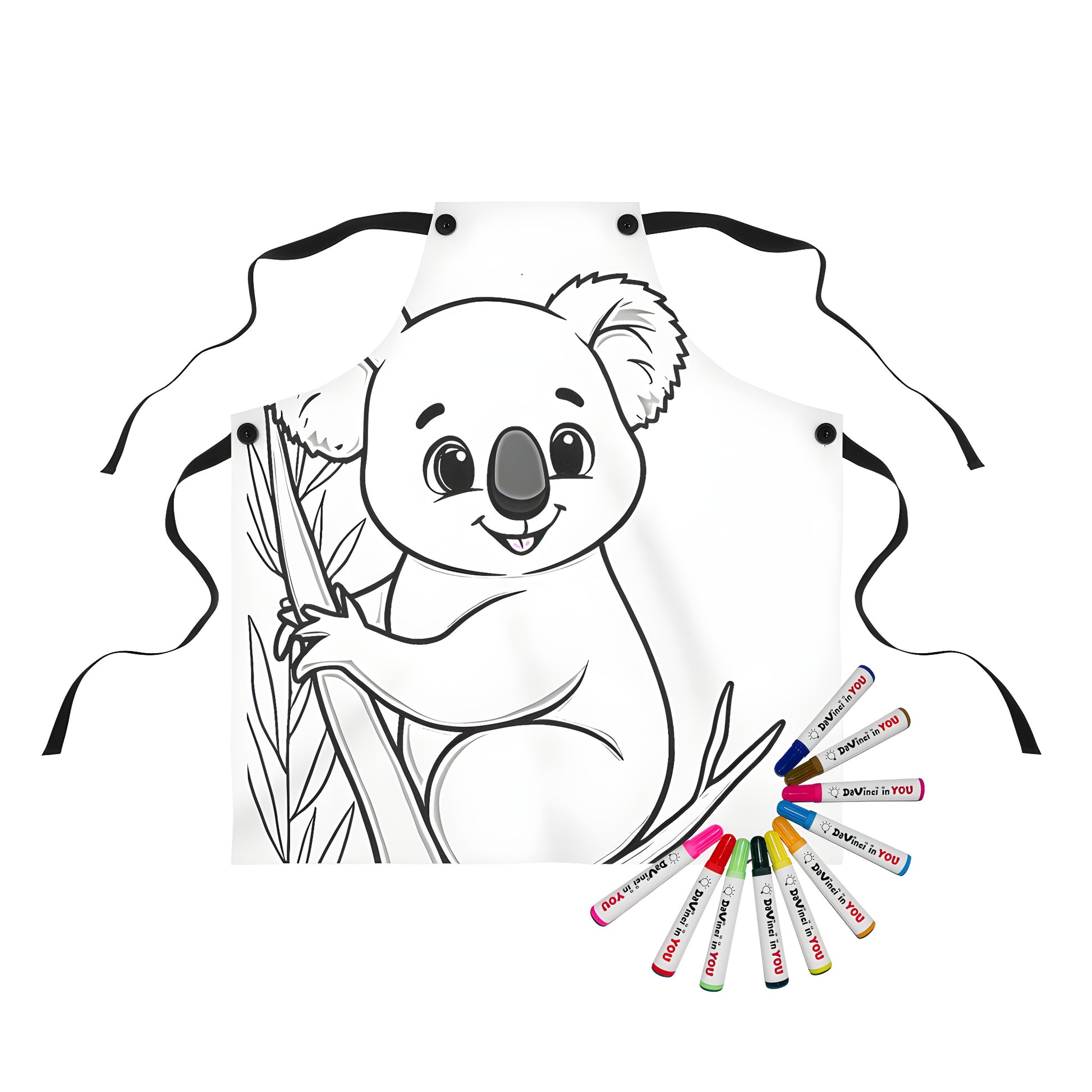 Colorful apron featuring a cute koala or marsupial clinging to a tree branch for a fun and relaxing coloring activity