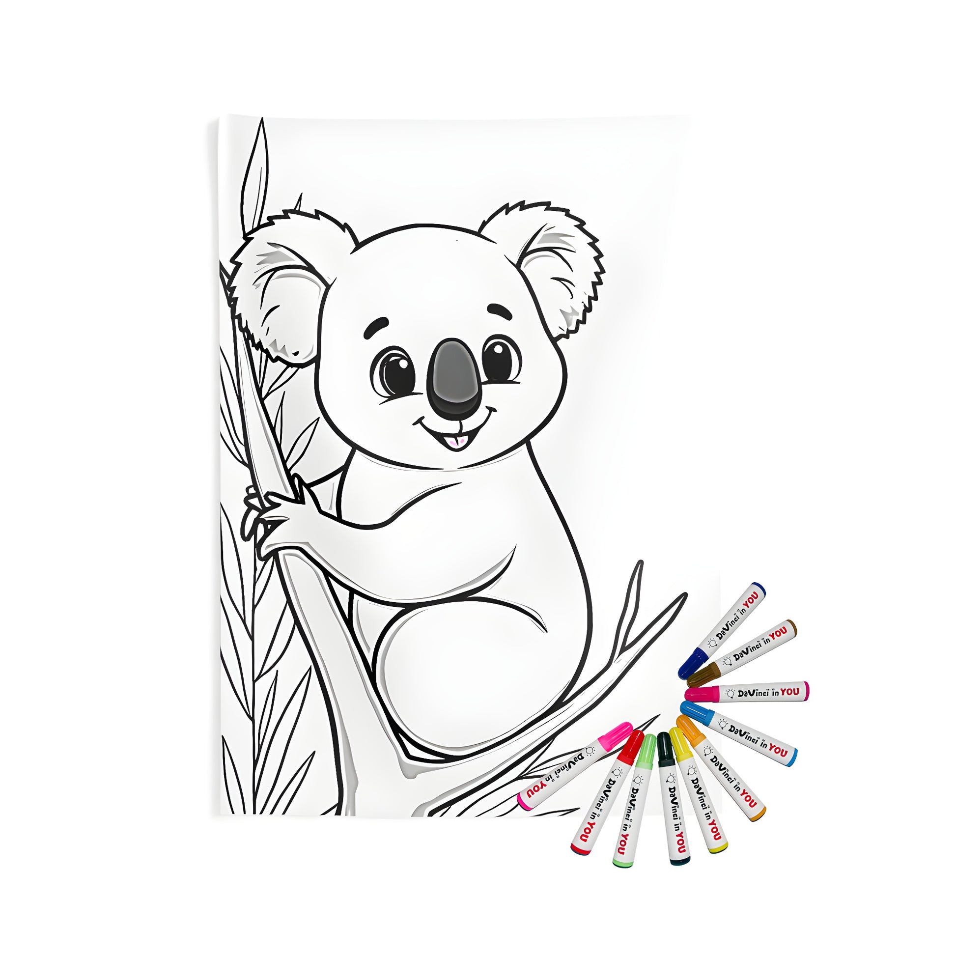 A cute koala joyfully clinging to a tree branch on an indoor wall tapestry