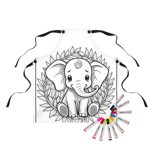 Apron with cute elephant, whimsical cartoon, and colorful fabric marker art