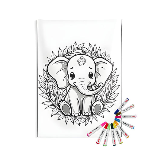 Vintage-inspired indoor wall tapestry featuring adorable cartoon elephant illustrations surrounded by lush greenery and colorful flowers