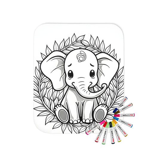 Adorable cartoon elephant blanket with colorful fabric markers and wreath design