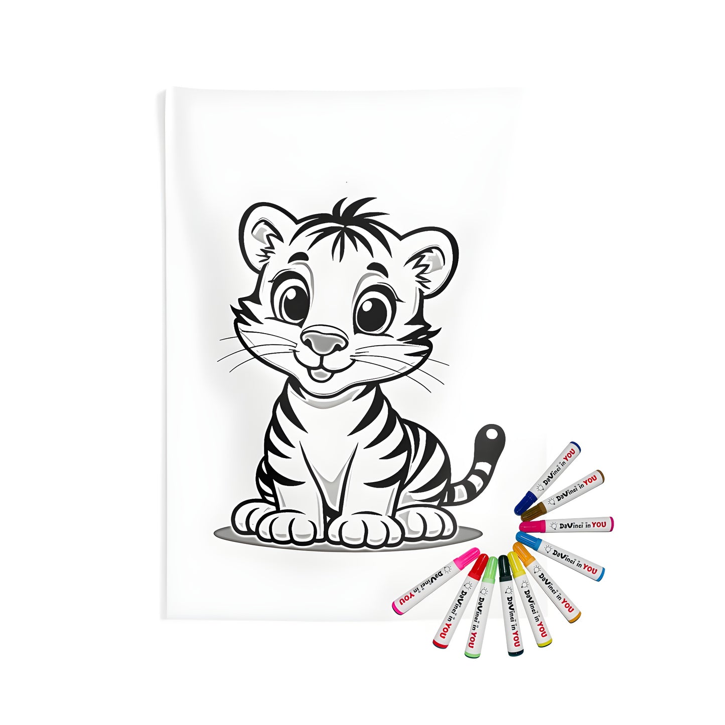 Coloring kit for adults featuring an Indoor Wall Tapestry with cute tiger illustration and vibrant fabric markers